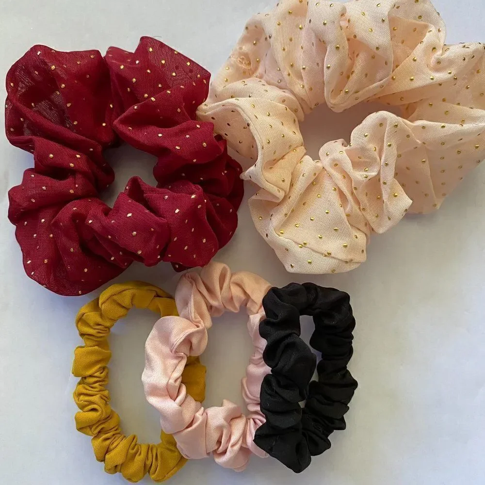 Set of 5 Scrunchies - Burgundy Pink Polka Dot